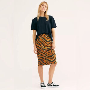 Textured Knit Ribbed Midi Skirt Tiger Animal Print Free People Easy Tiger Small